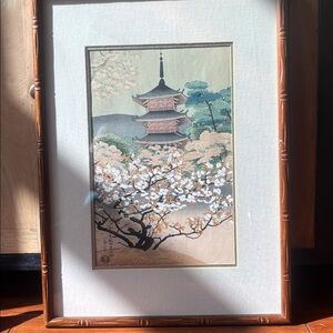 Antique Framed Japanese Benji Asada wood print 
Ninnaji Temple Pagoda